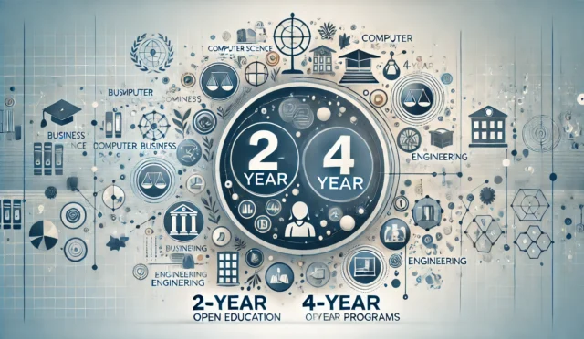 2 ve 4 Yıllık Açıköğretim Fakültesi Bölümleri 12 DALL·E 2024-08-11 18.42.44 - An academic-themed image representing 2-year and 4-year Open Education Faculty programs. The background features a modern, clean design with a mix of