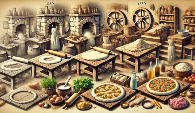 1850'den Günümüze Yöresel Bafra Pidesi Nasıl Yapılır? 3 DALL·E 2024-08-11 18.44.28 - A detailed and artistic representation of the traditional process of making Bafra Pidesi from 1850 to the present day. The image showcases a rustic ki