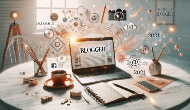 Blogger Ne demek? Blogger Olmaya Ne Dersiniz? 12 DALL·E 2024-08-11 18.45.43 - A modern and dynamic image that represents the concept of being a blogger in 2021. The scene features a stylish workspace with a laptop open to a blog