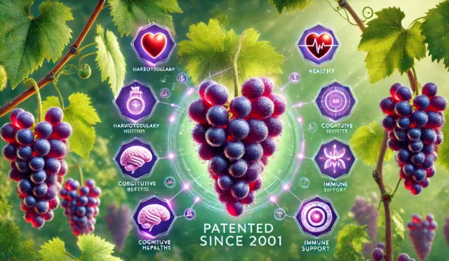 DALL·E 2024-08-11 18.48.54 - A vibrant and health-focused image showcasing the benefits of Cimin grapes, patented since 2001. The scene features a cluster of rich, dark purple Cim