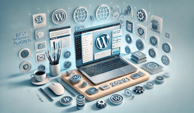 DALL·E 2024-08-11 18.51.06 - A modern and clean image showcasing the best WordPress plugins of 2021. The image features a sleek workspace with a laptop displaying the WordPress da