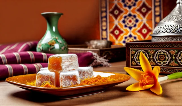 Meşhur Safranbolu Lokumu 12 DALL·E 2024-08-11 19.12.53 - A visually rich and appetizing image of the famous Safranbolu Lokumu. The scene showcases a close-up of the traditional Turkish delight, with its soft